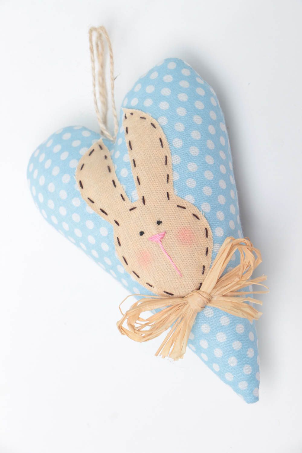 Handmade decorative blue polka dot fabric soft heart wall hanging with rabbit  photo 2