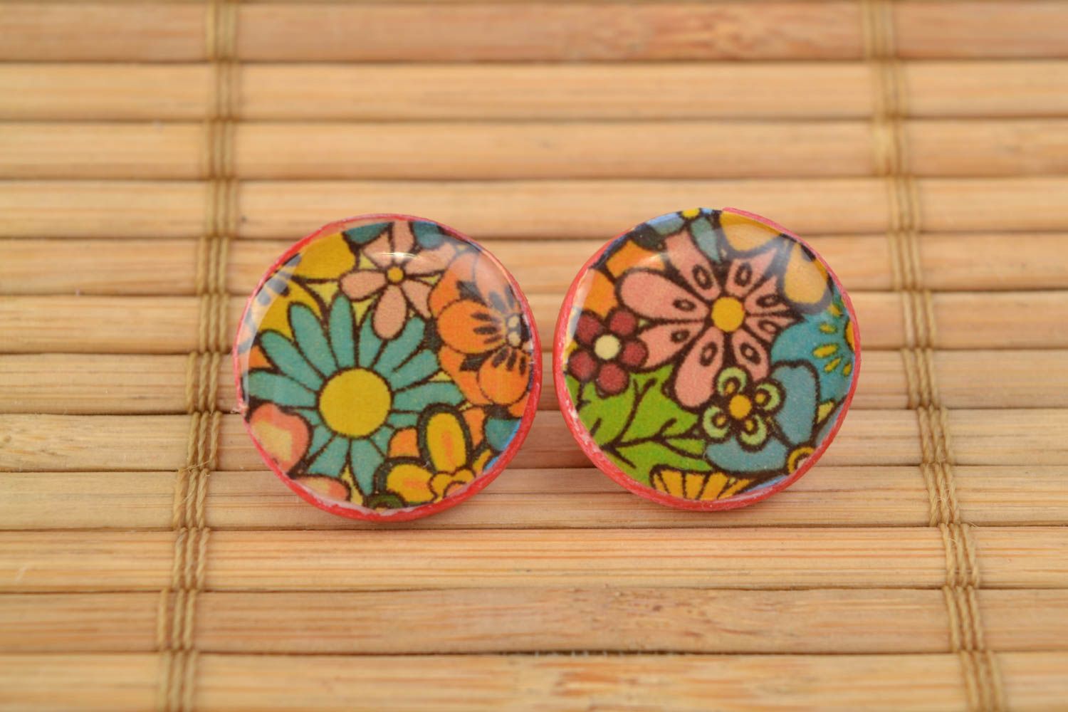 Round earrings made of polymer clay using decoupage technique stylish accessory photo 1