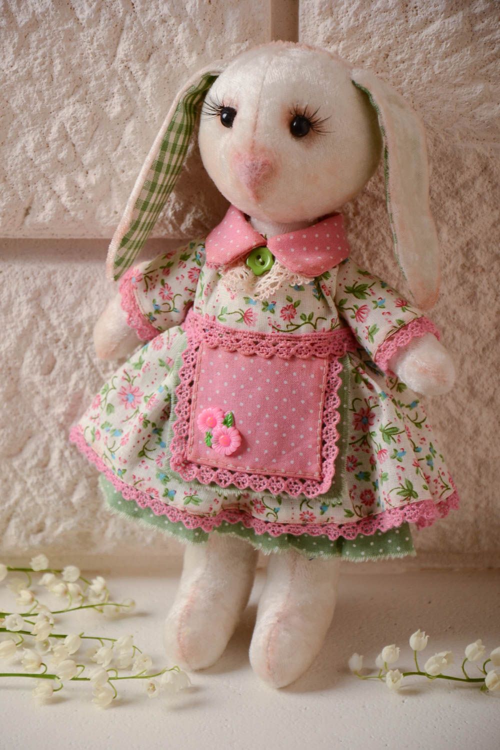 Handmade designer cotton and plush soft toy rabbit in pink floral dress for kids photo 1