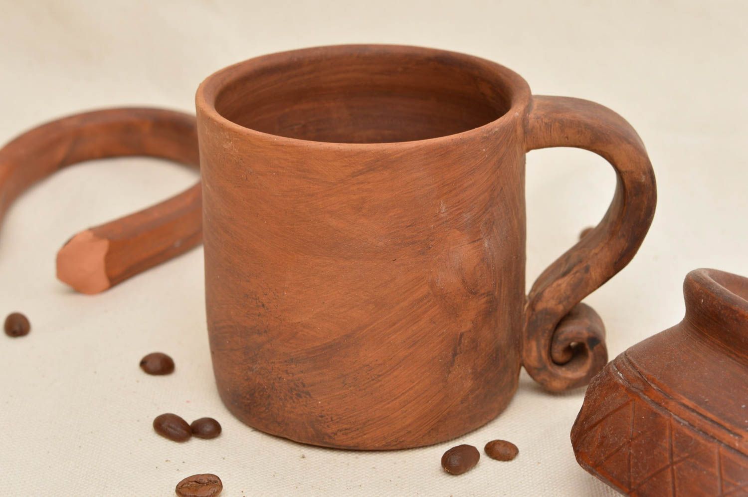 Brown red clay cup ceramic mug with handle photo 1