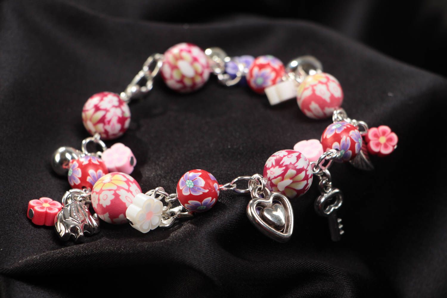 Colorful handmade children's design polymer clay wrist bracelet with charms photo 1