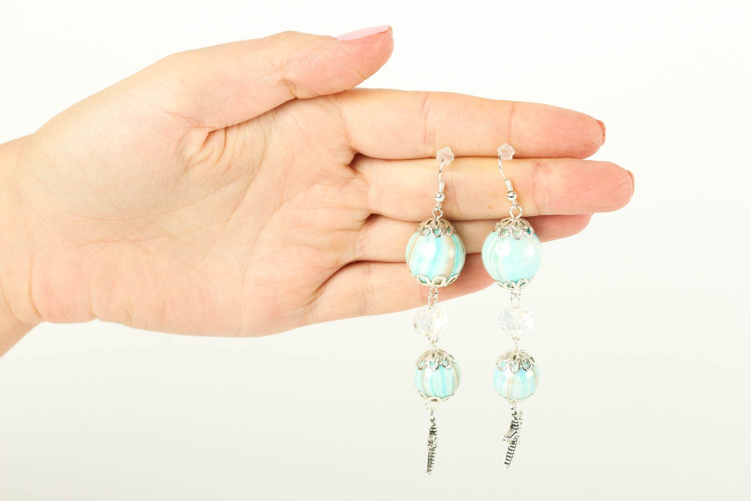 Handmade blue long earrings unusual beaded earrings cute dangling jewelry photo 5