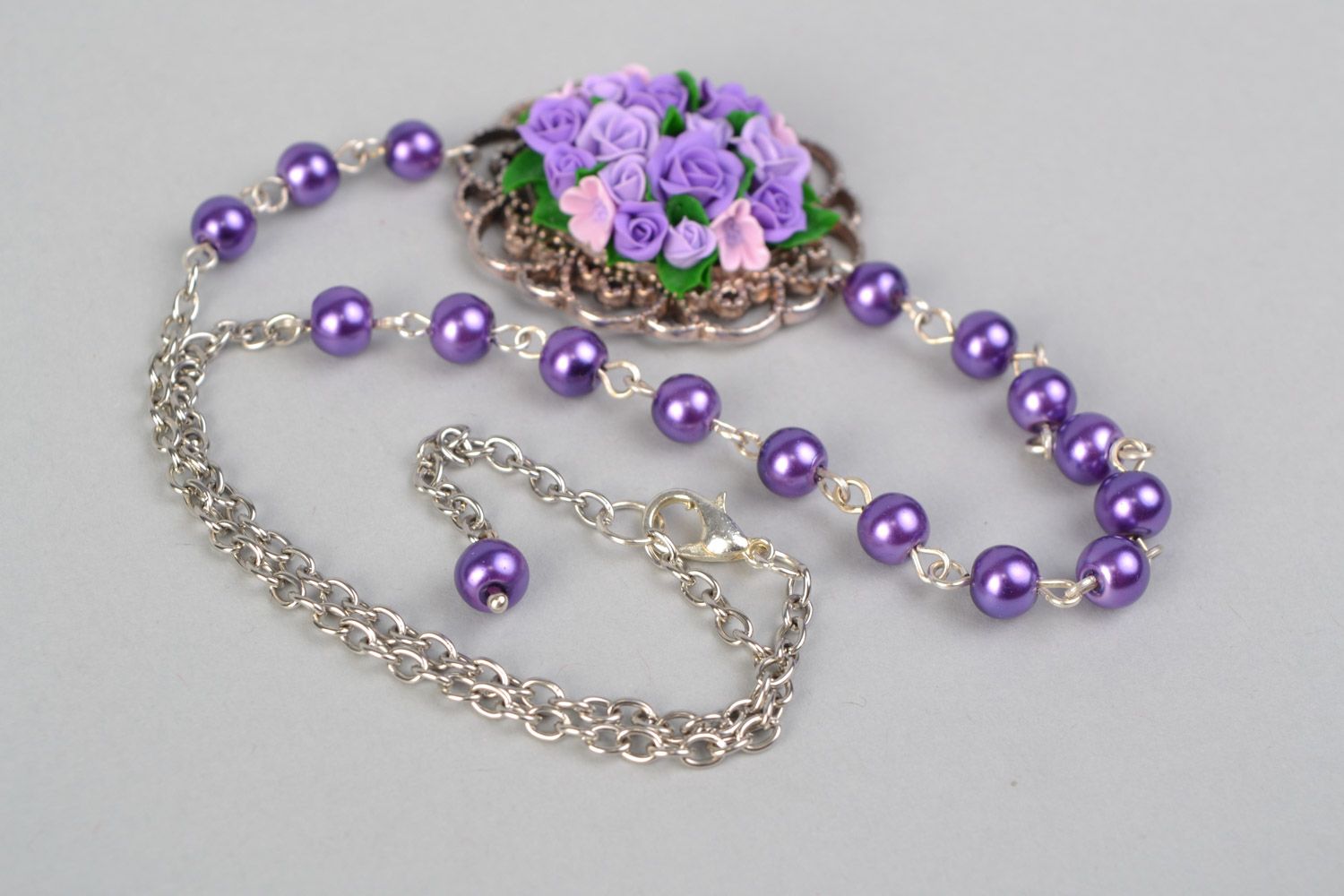 Tender handmade necklace with lilac polymer clay flower for romantic girls photo 4