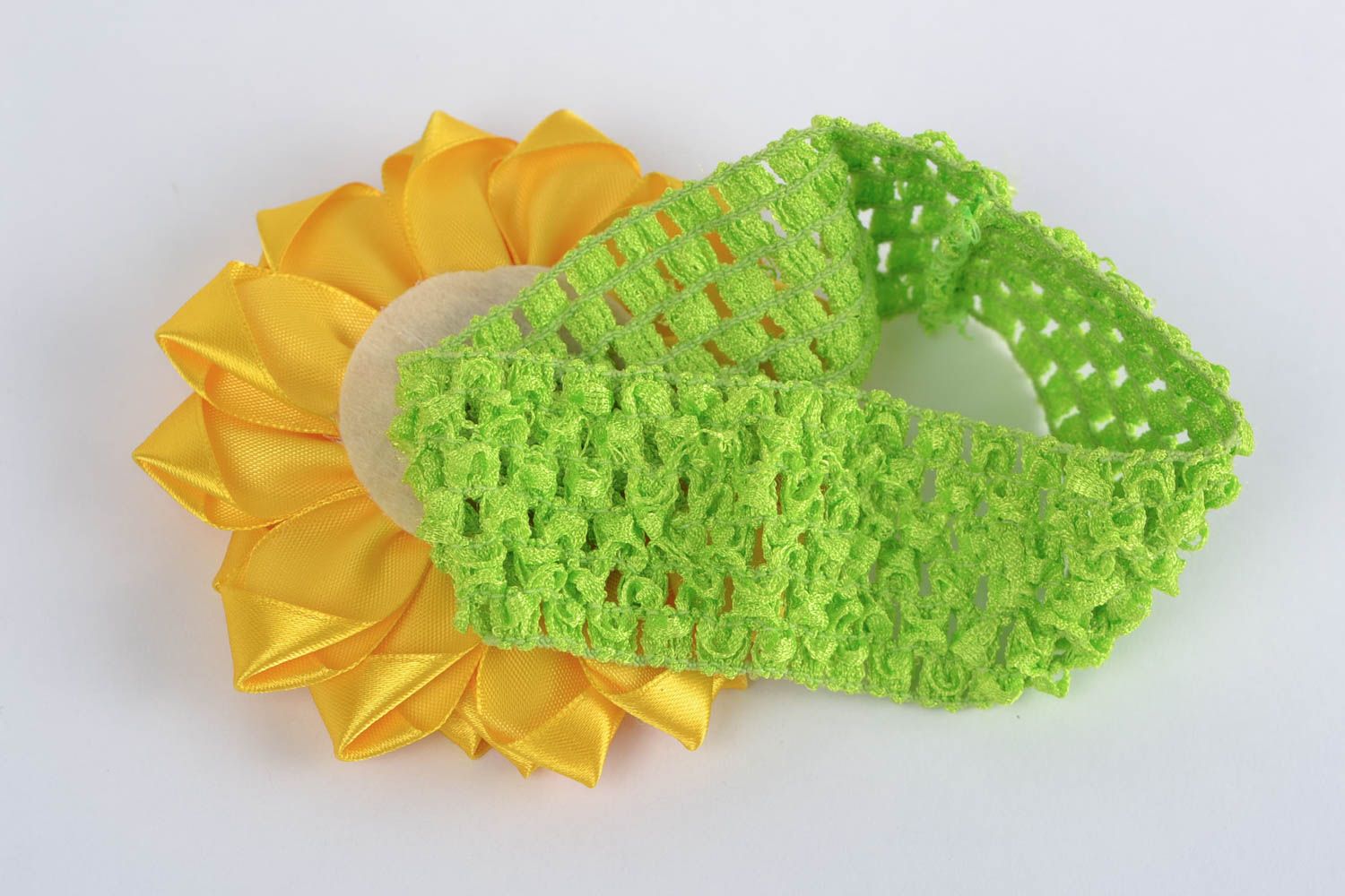 Handmade designer green headband with yellow satin ribbon kanzashi sunflower photo 5