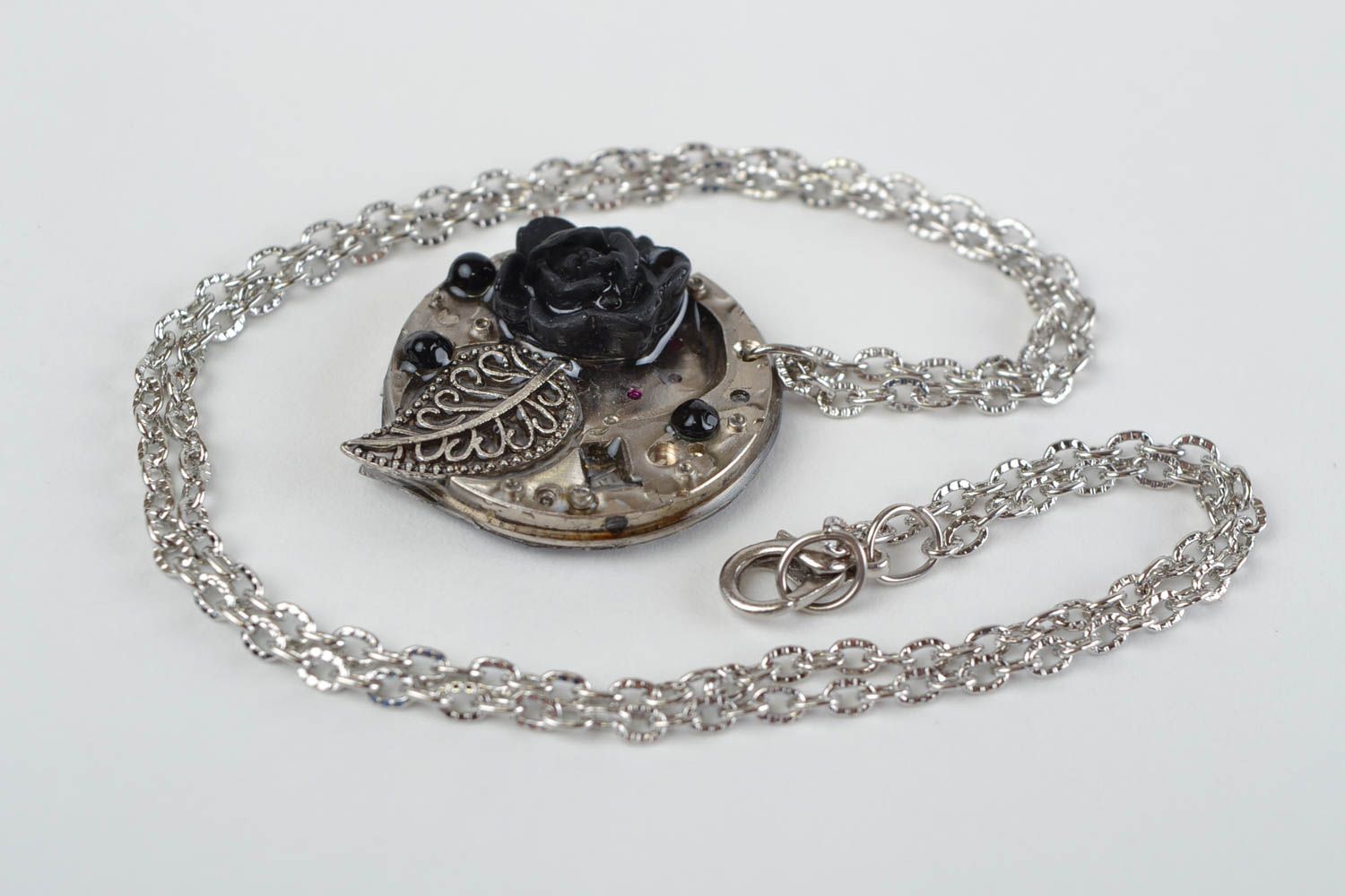 Unusual handmade designer round polymer clay neck pendant in steampunk style photo 4