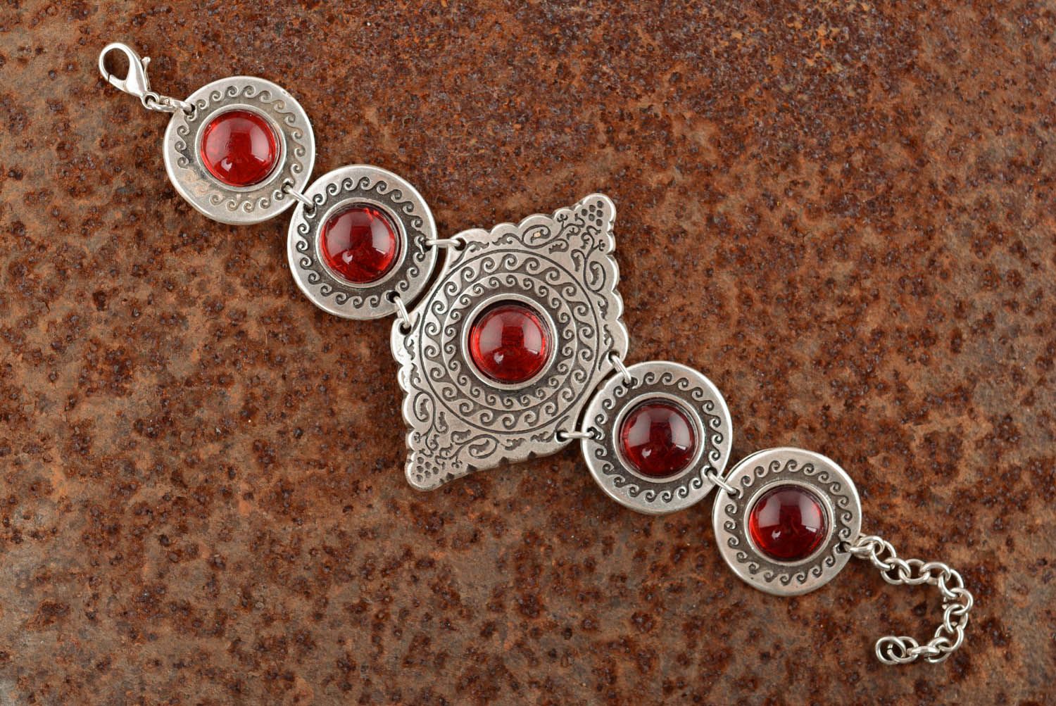 Silver bracelet with red beads photo 1