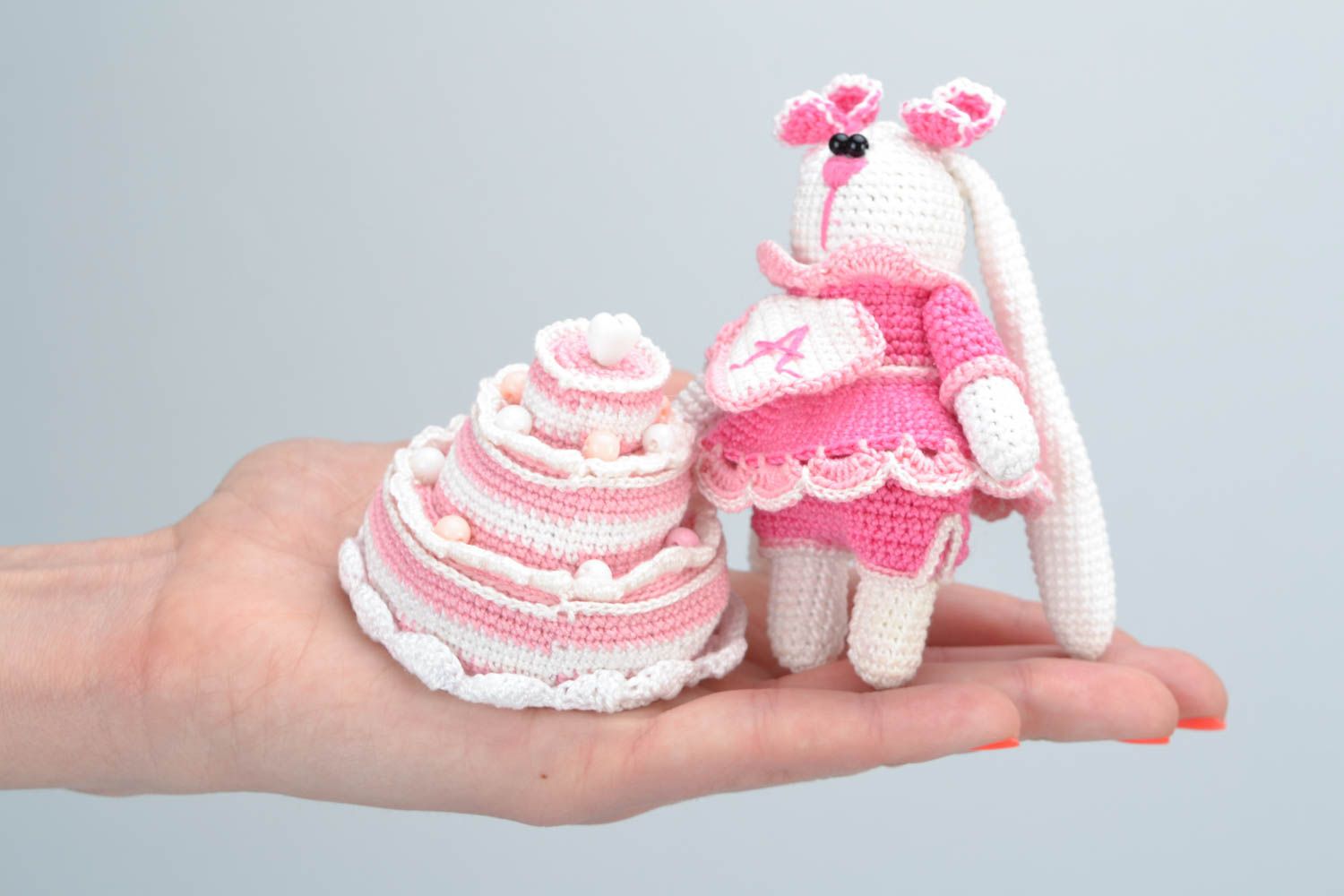 Handmade crochet soft toy hare girl in pink with cake children's gift photo 2