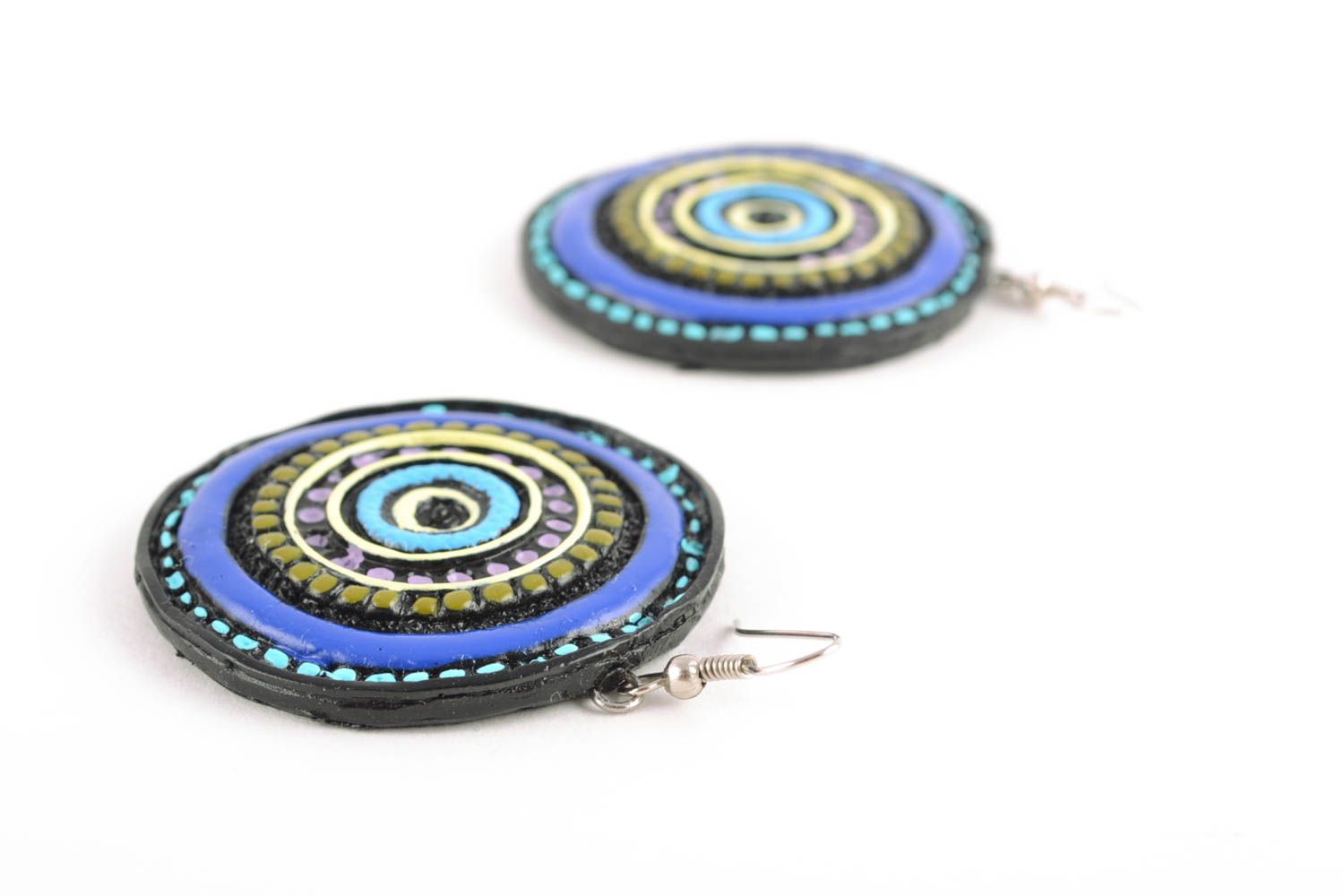 Handmade round polymer clay earrings with ornament photo 5