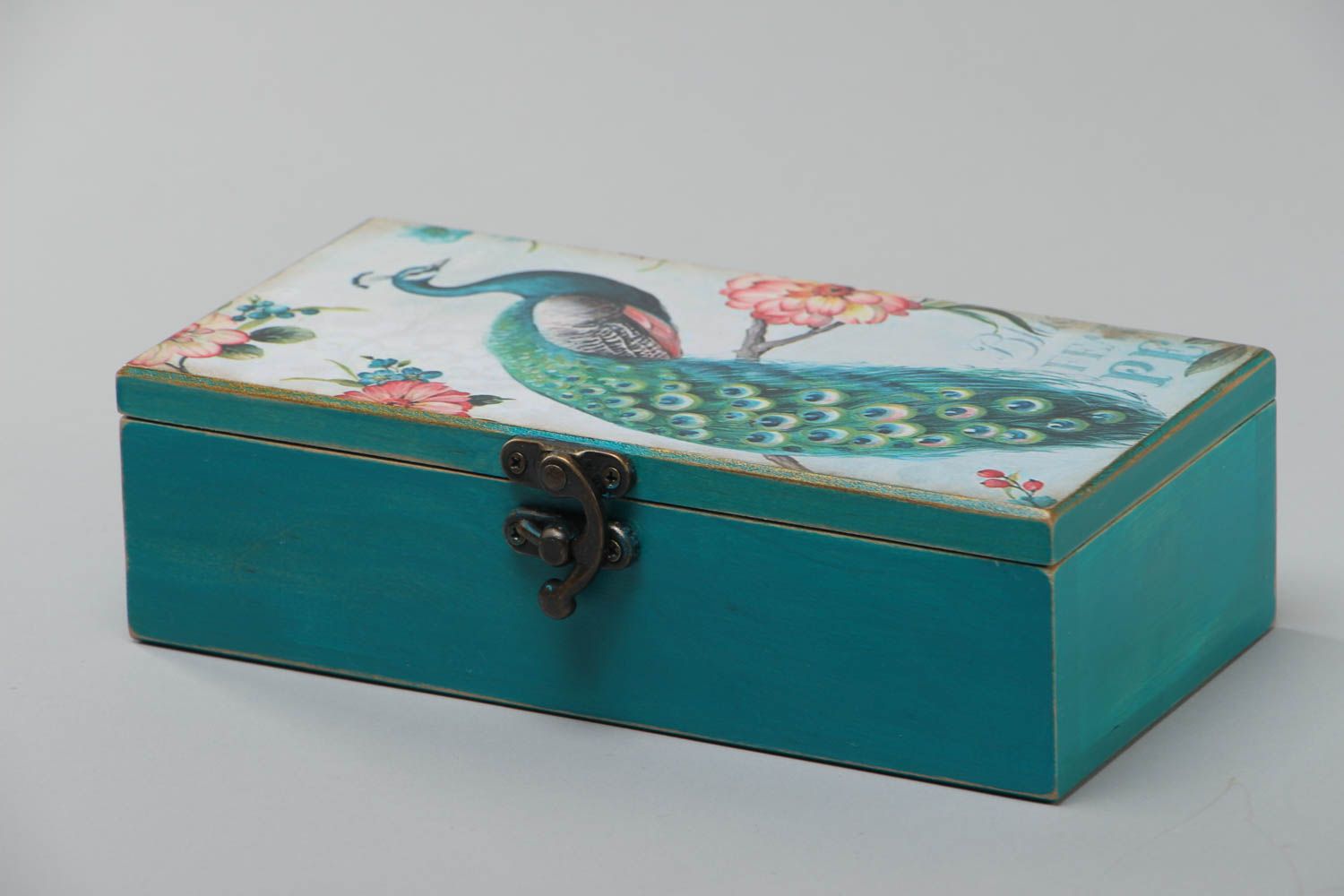 Boîte à bijoux en bois d'aulne peint de couleurs acryliques faite main paon photo 4