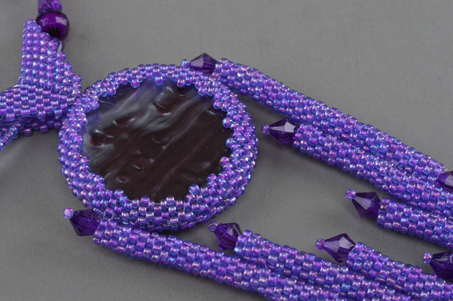 Handmade necklace made of beads purple beautiful accessory woven jewelry photo 4