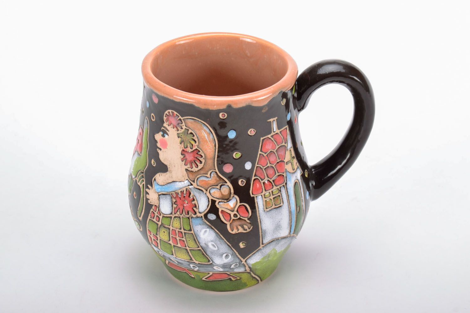 Art glazed ceramic drinking cup with colorful pattern brown color and handle photo 2
