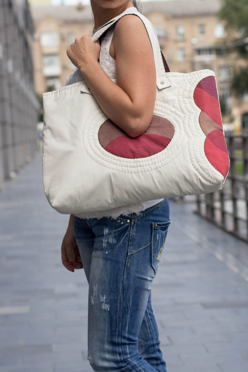 Bolso grande artesanal bolso de tela blanca de algodón regalo para mujer  foto 1