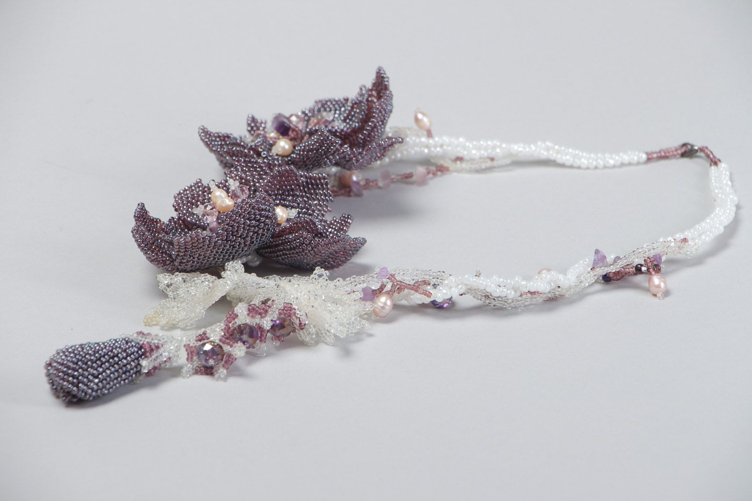 Handmade beaded necklace with flowers and natural stones in tender violet colors photo 3