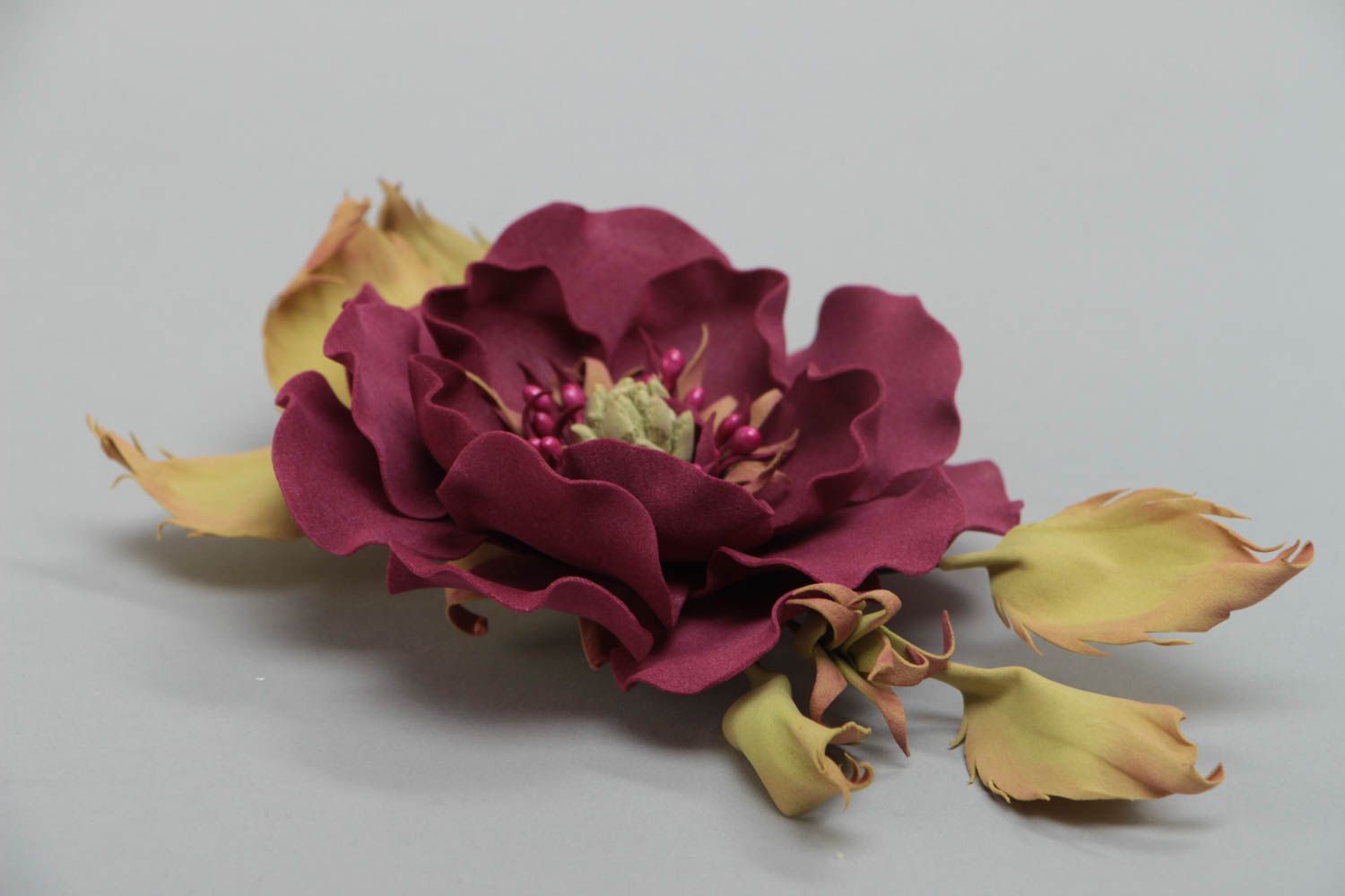 Handmade designer brooch hair clip with large volume violet foamiran flower  photo 3