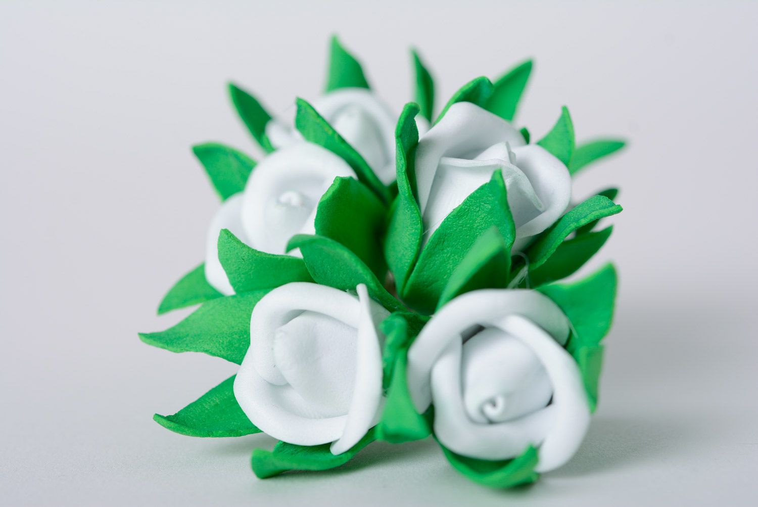 Stylish handmade foamiran fabric flower hair clip of white color with green petals photo 5