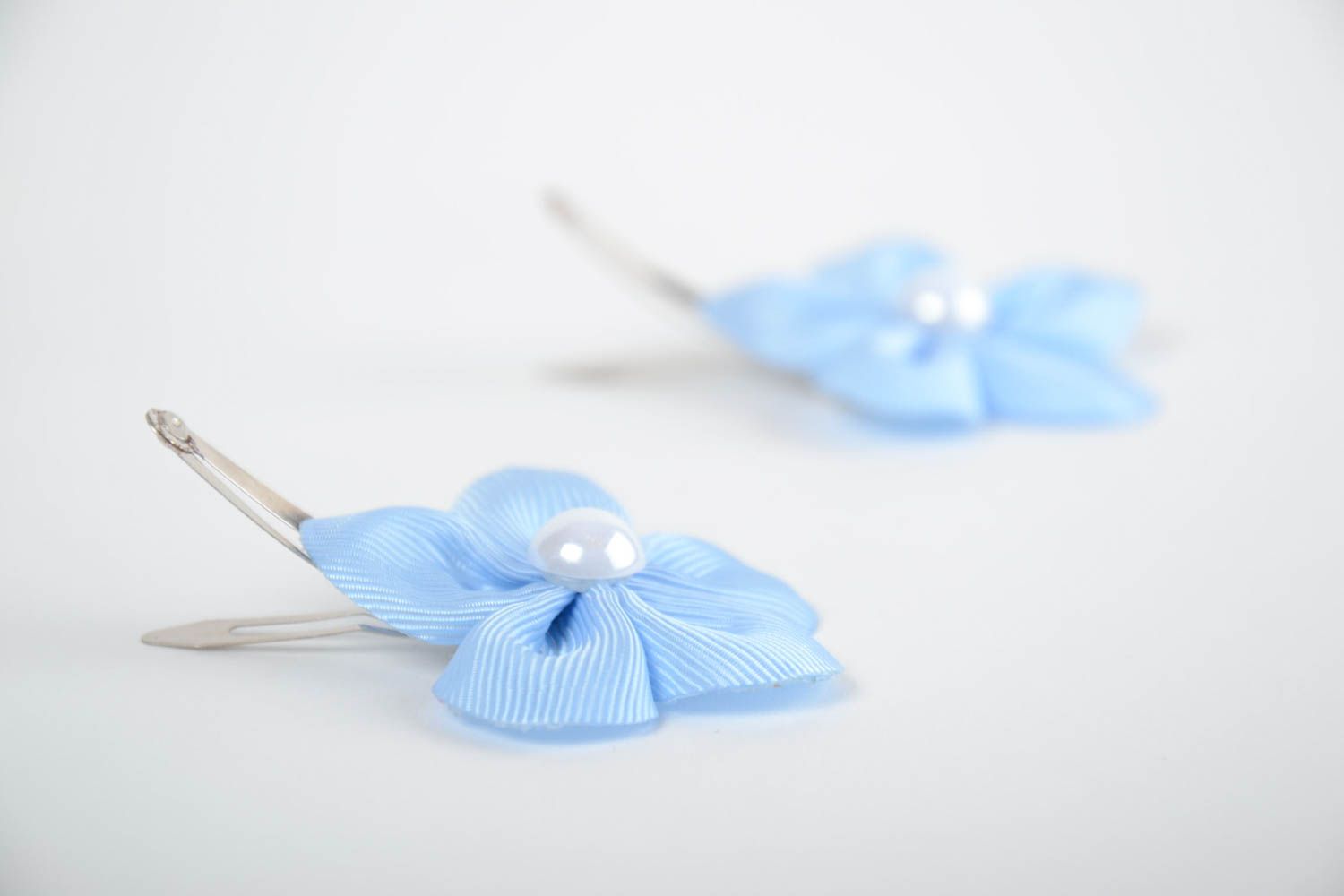 Handmade tender hair clips with light blue rep ribbon flowers set of 2 items photo 4