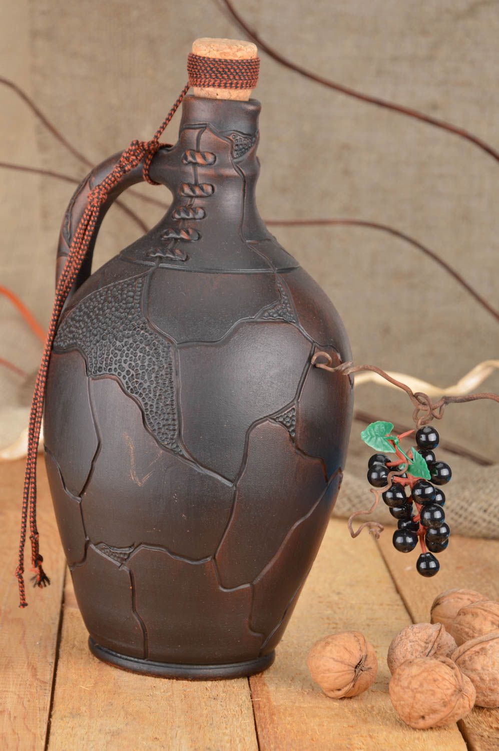 Beautiful handmade dark ceramic bottle with cork 1.75 l kilning and waxing  photo 1
