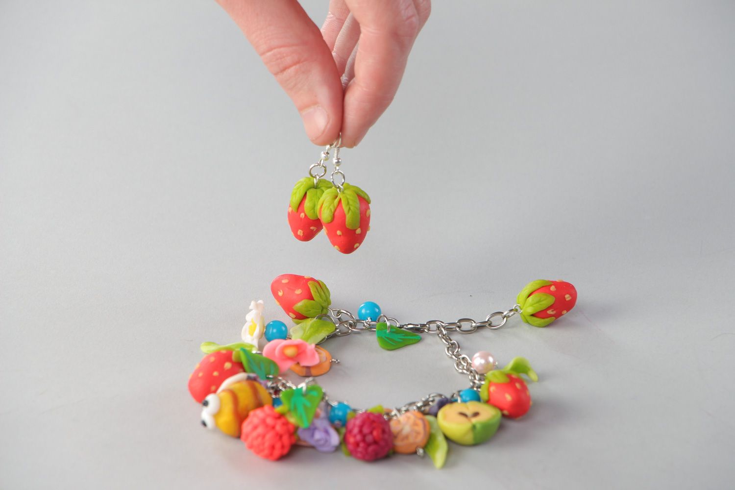 Parure de bijoux fruits pâte polymère faite main bracelet boucles d'oreilles photo 5