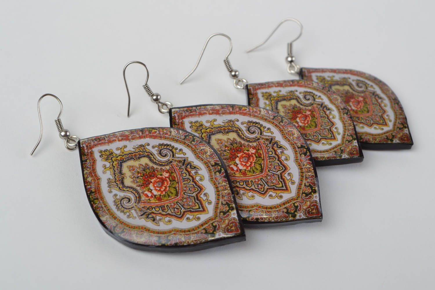 Handmade polymer clay decoupage ornamented earrings set of 2 pairs big and small photo 3