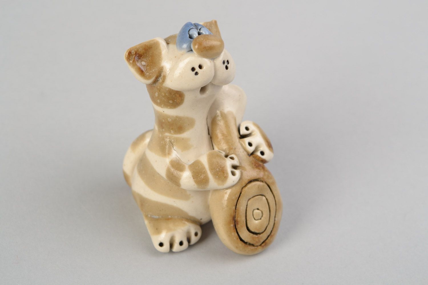 Handmade decorative miniature ceramic figurine painted with colorful glaze Cat photo 1