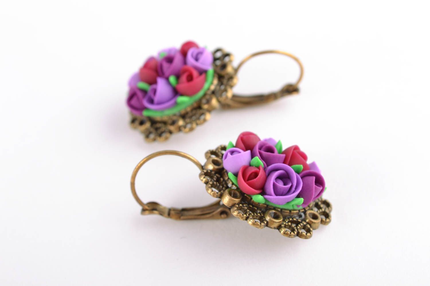 Floral earrings made of polymer clay and metal photo 4