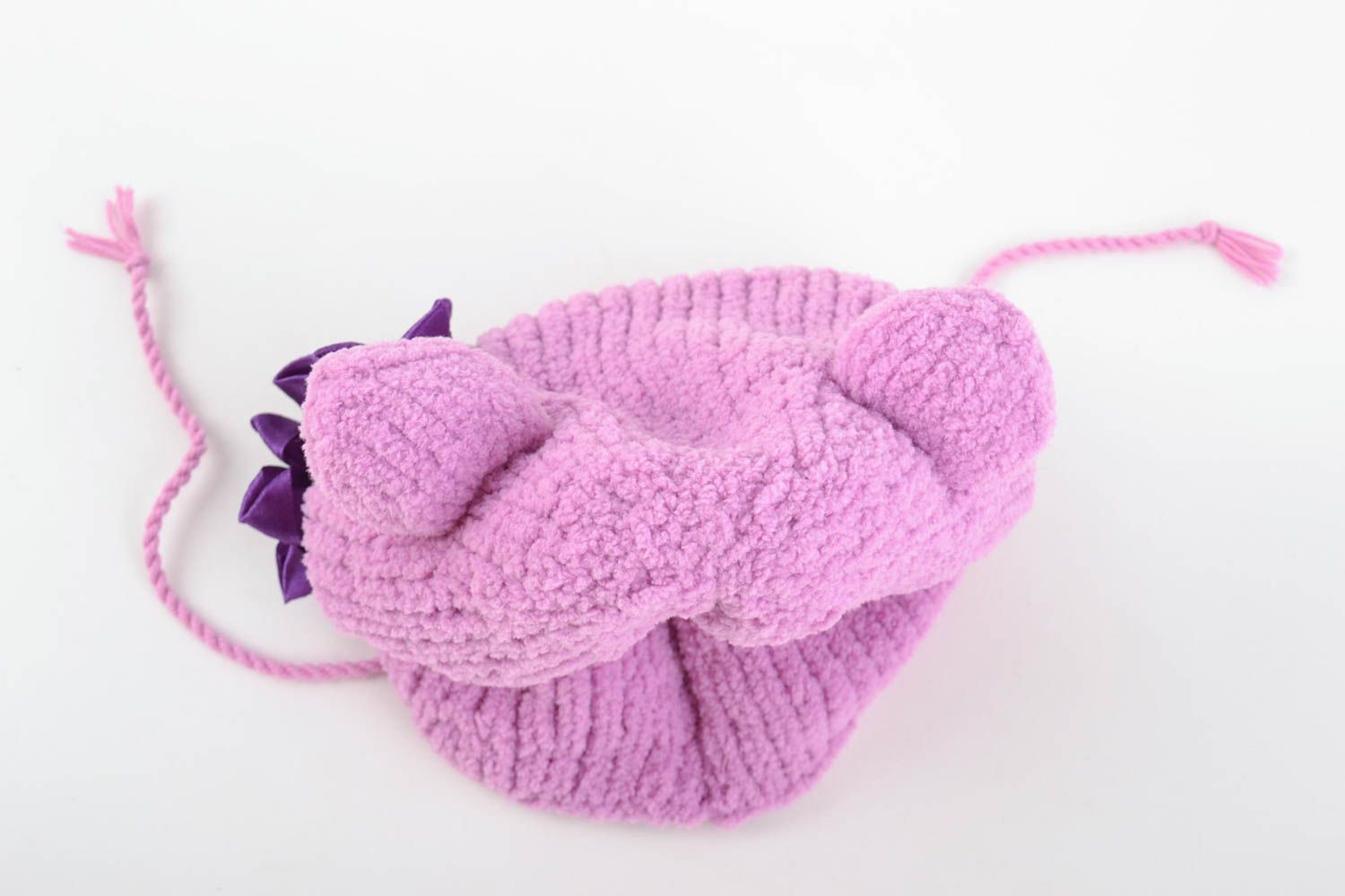 Purple knitted hat for baby girl 270 mm warm winter beautiful handmade cap photo 4