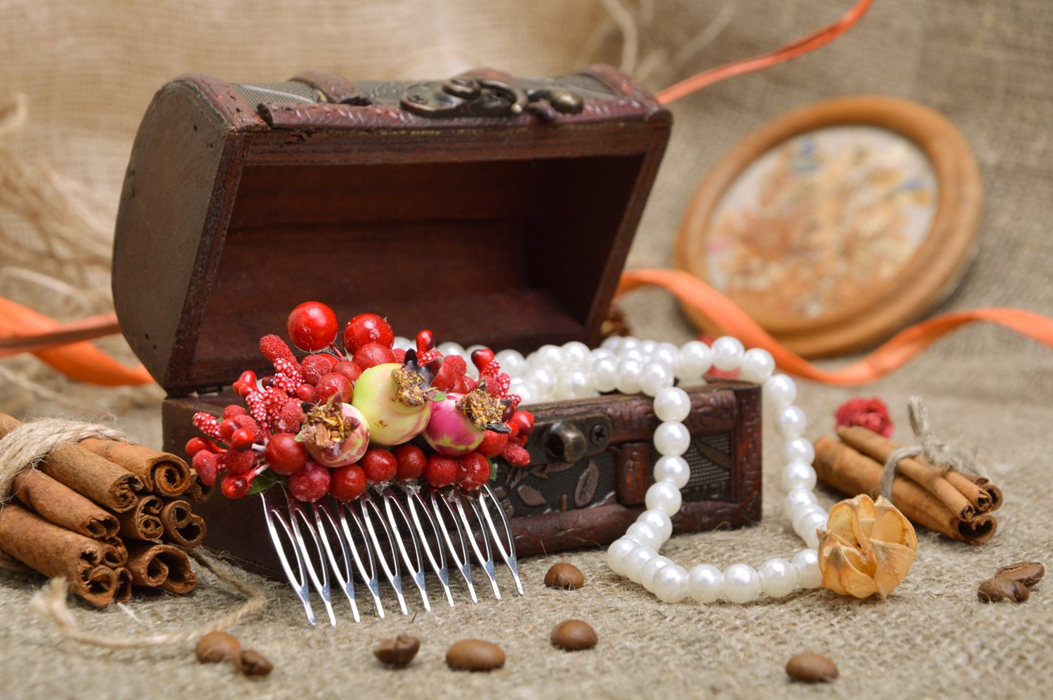 Handmade decorative metal hair comb with bright artificial red berries photo 1