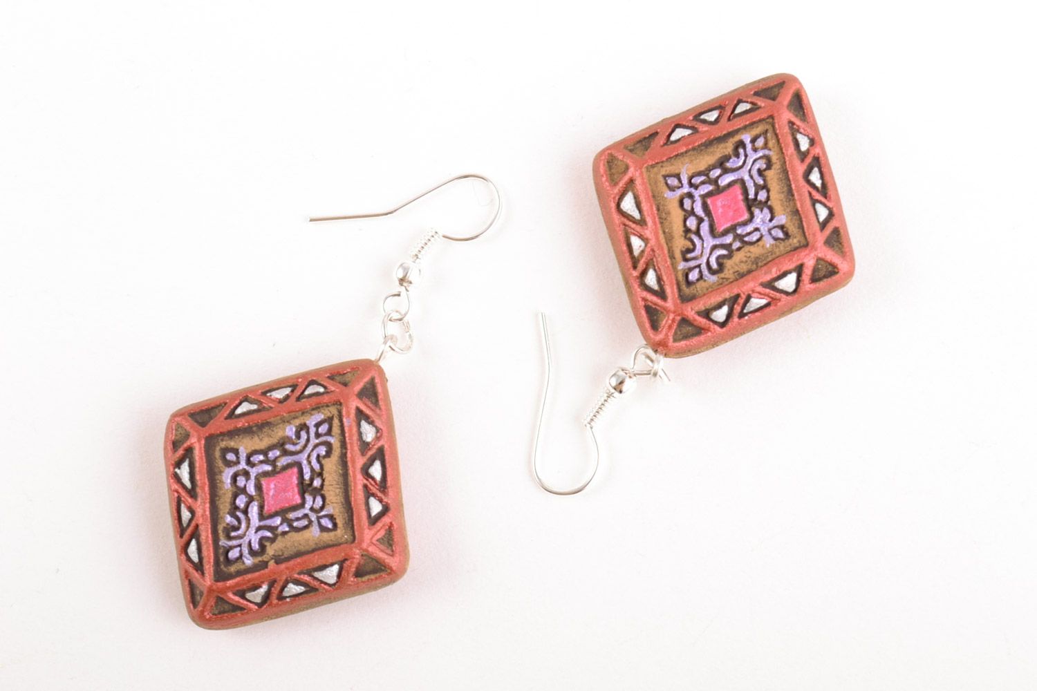 Handmade small cute painted ceramic dangling earrings in the shape of rhombuses  photo 5