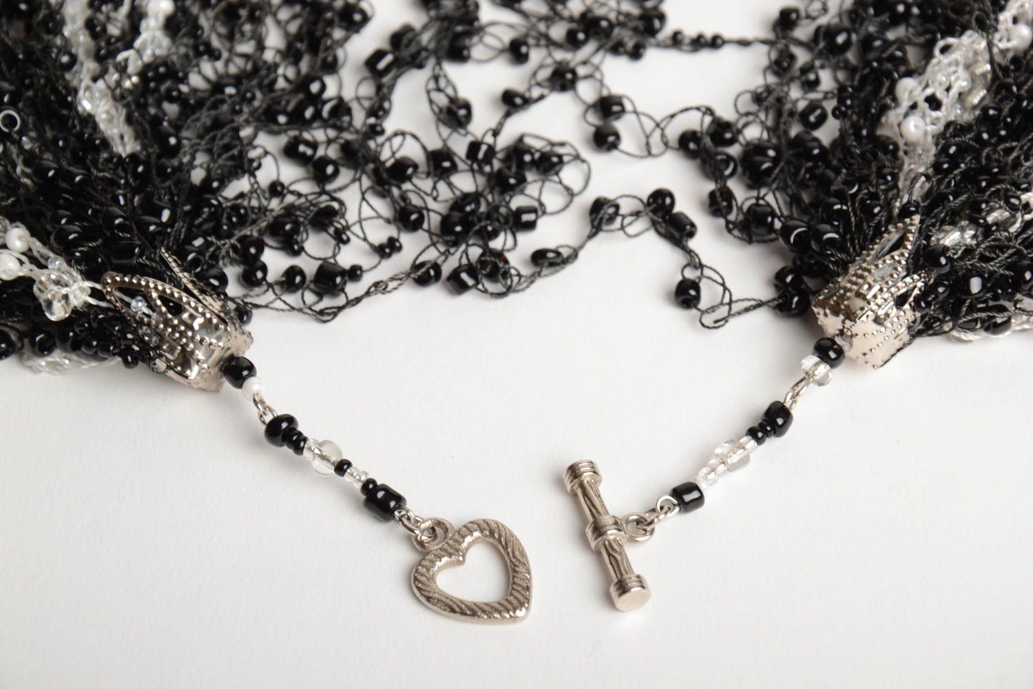 Handmade volume necklace crocheted of Czech beads in black and white colors photo 4