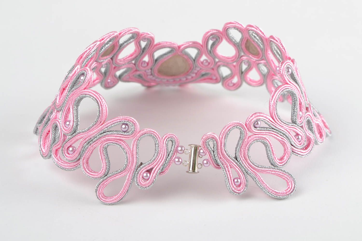 Soutache necklace with rivoli beads handmade pink beautiful accessory East  photo 5