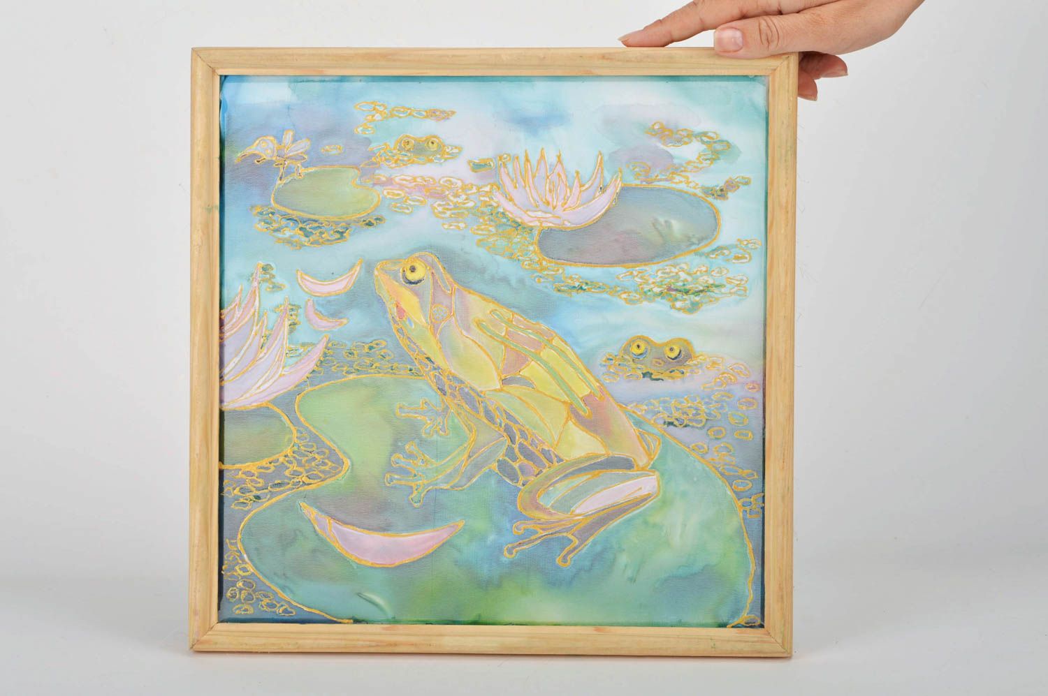 Handmade cold batik painting on fabric in frame Frog on Bog designer picture photo 3