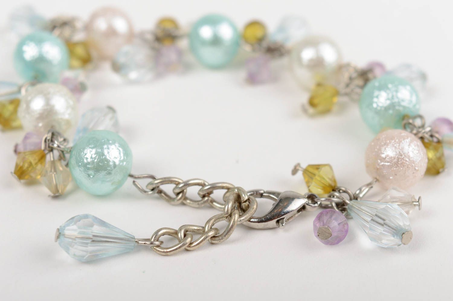 Handmade designer wrist bracelet with ceramic pearls and Czech crystal charms photo 3