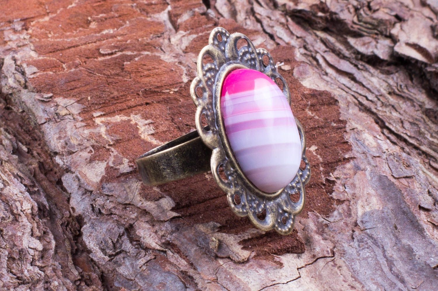 Pink ring with natural stone adjustable round with inside diameter 18 mm photo 1