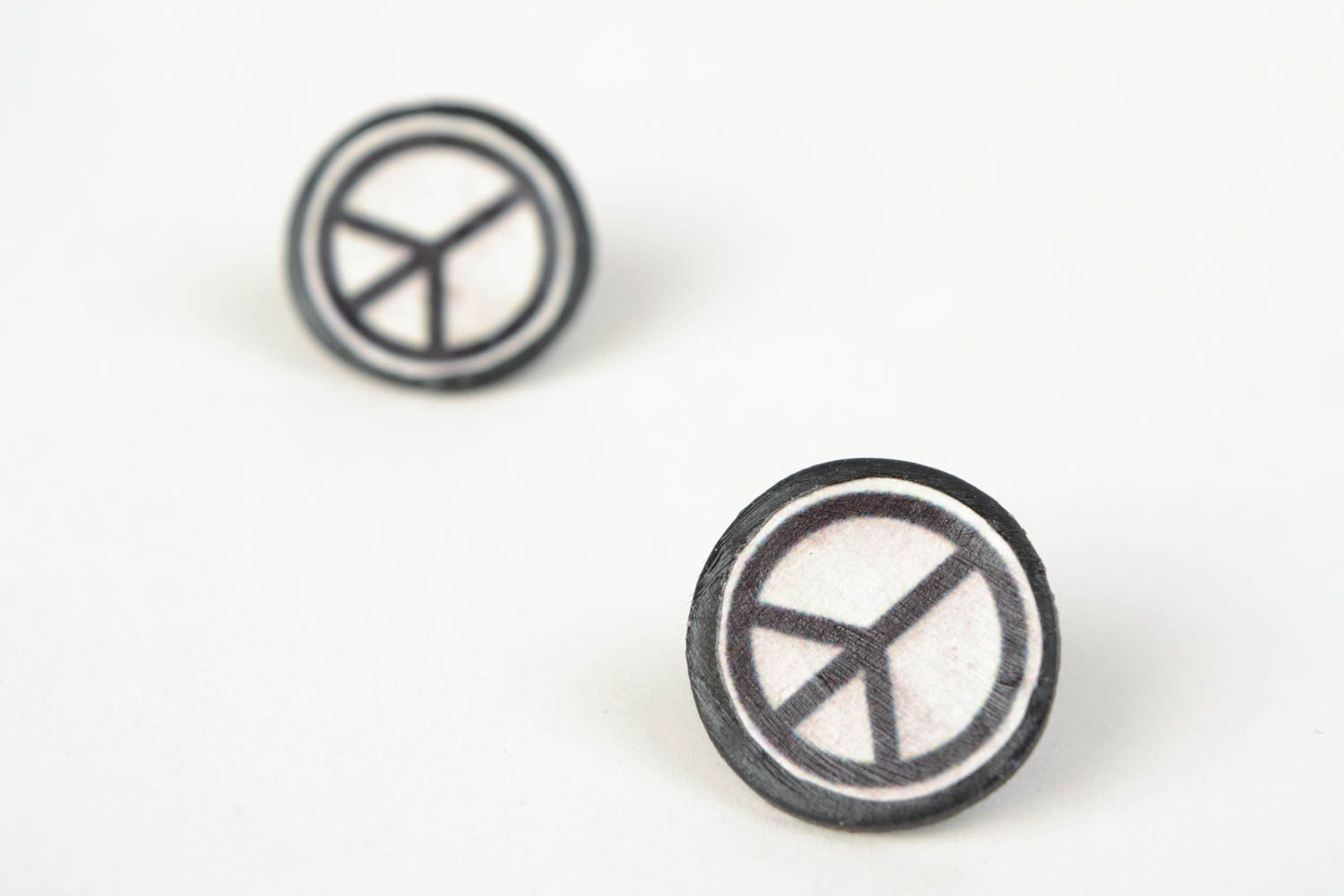 Handmade stud earrings made of polymer clay black and white peace sign  photo 5