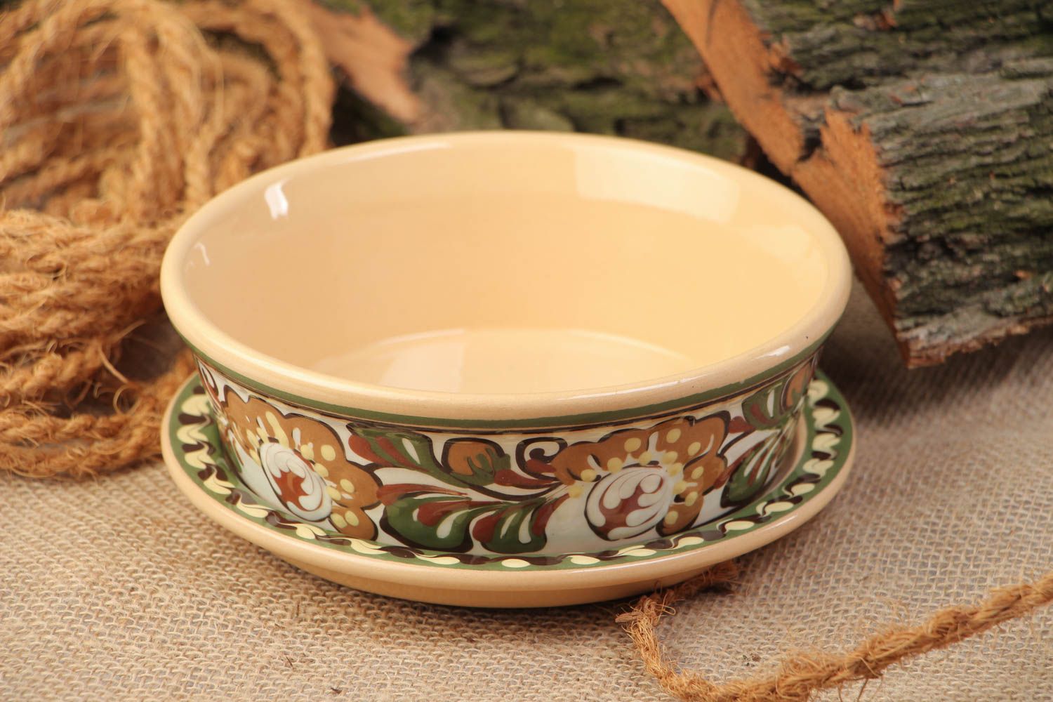 Handmade ceramic deep bowl for soup with stand painted with glaze for 300 ml photo 1