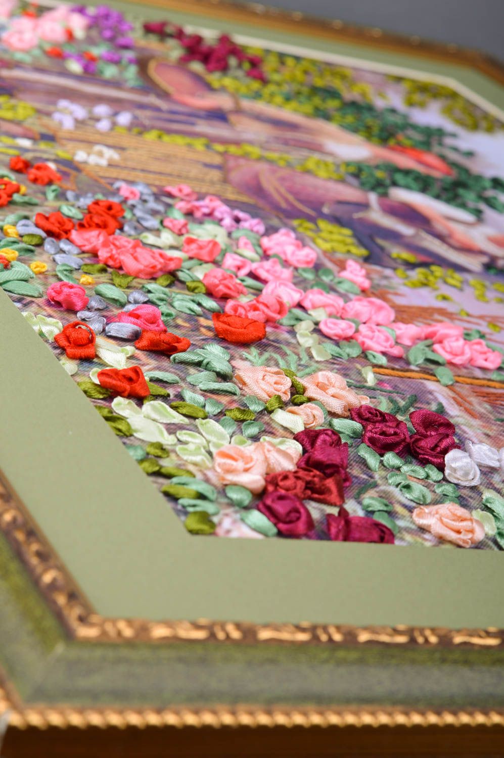 Tableau brodé en rubans de satin fait main au mur original paysage floral photo 4