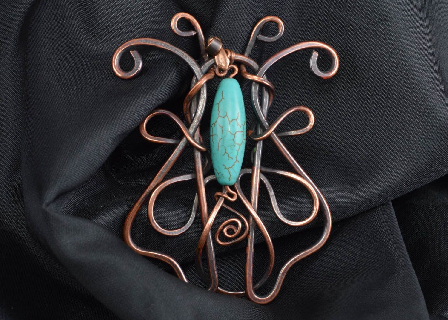 Copper handmade pendant unusual beautiful necklace metal butterfly accessory photo 1