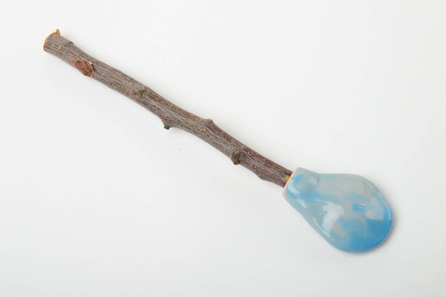 Ложка для специй из глины и деревянной веточки абрикоса глазурованная голубая фото 3