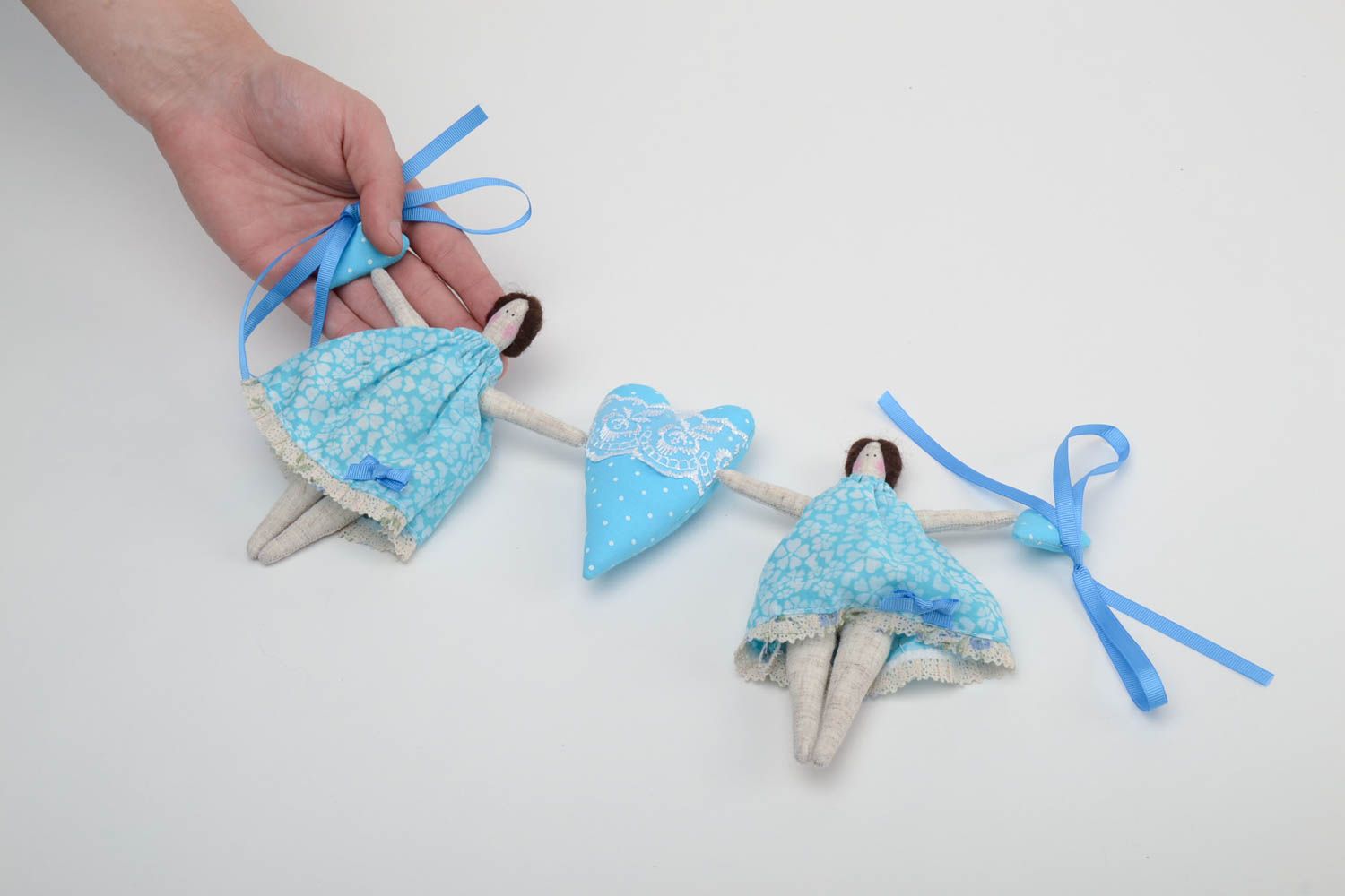 Handmade soft fabric wall hanging soft toy garland in blue color interior decor photo 5