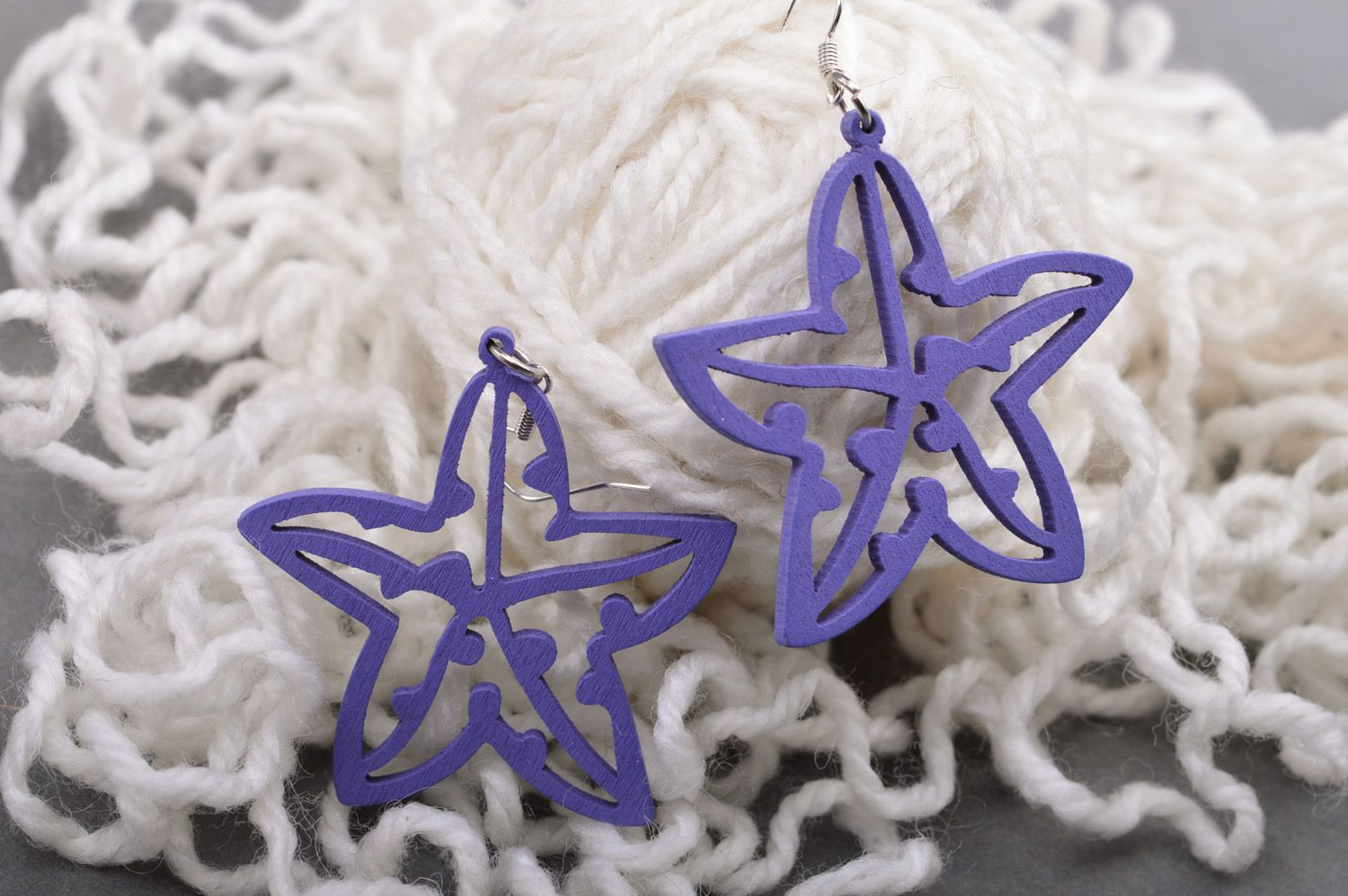 Handmade wooden dangle earrings in the shape of bright blue fancy flowers photo 5