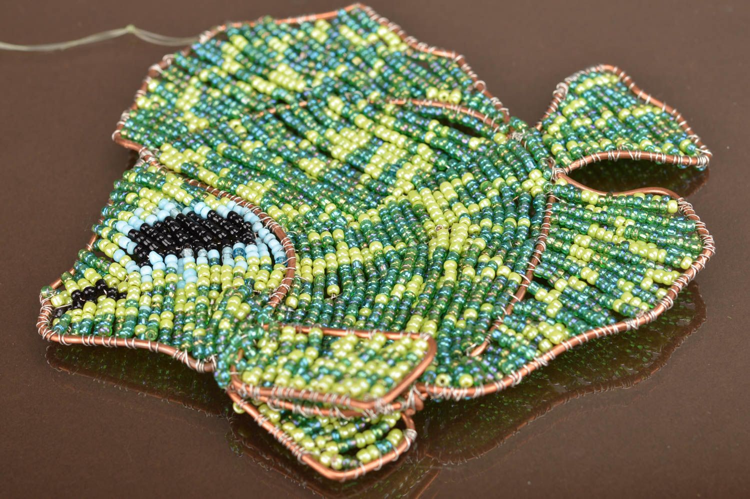 Ravishing handmade stylish interior beaded pendant in form of green fish photo 2