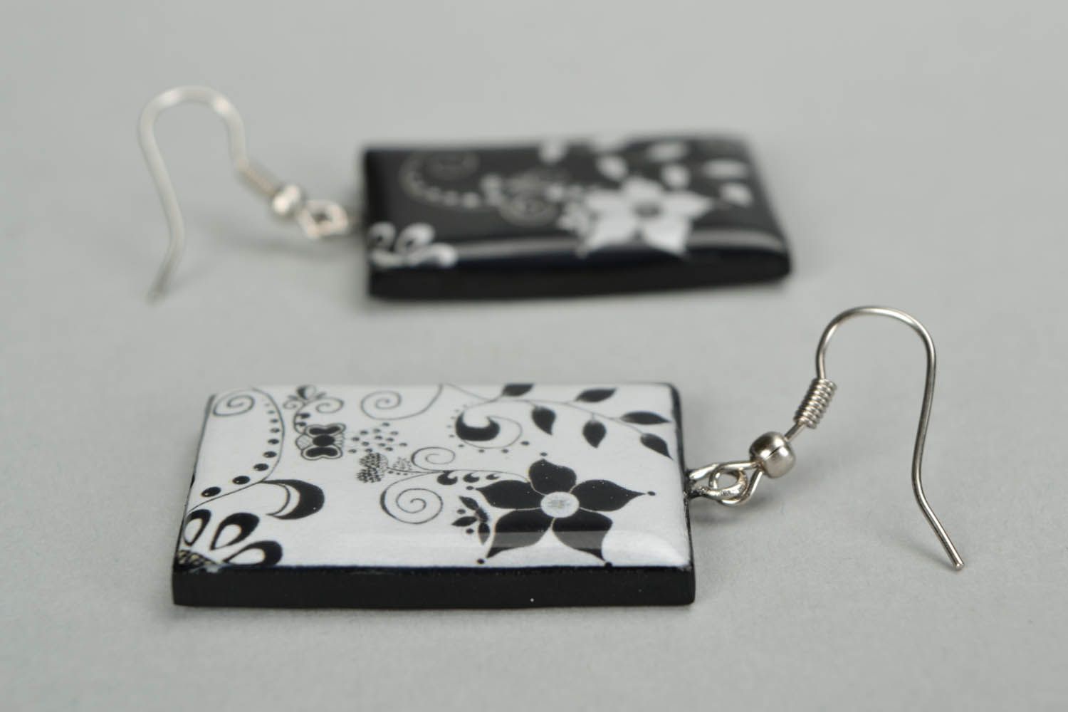 Black and white dangling polymer clay earrings  photo 4