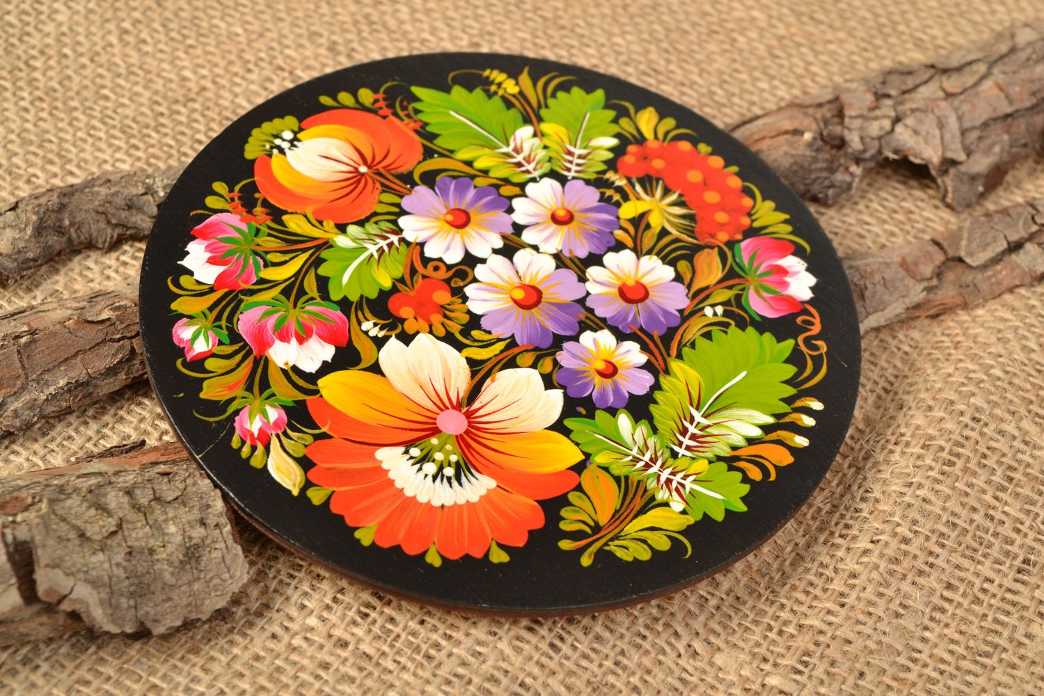 Handmade round wooden fridge magnet with Petrikov painting photo 1
