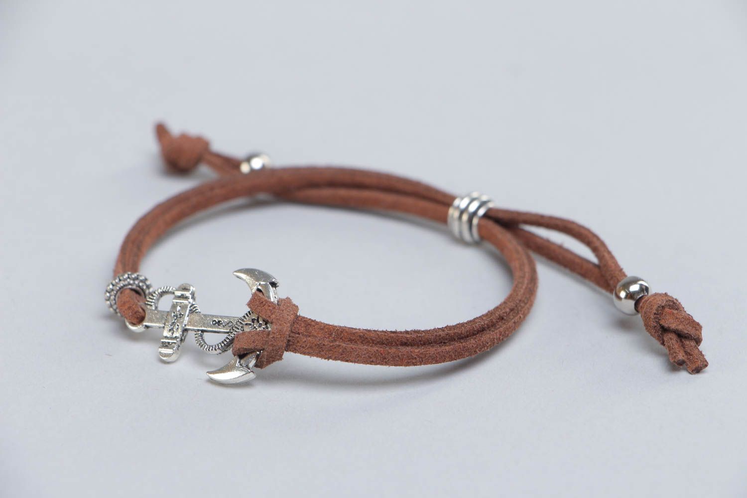 Handmade brown artificial suede cord bracelet with anchor charm photo 3