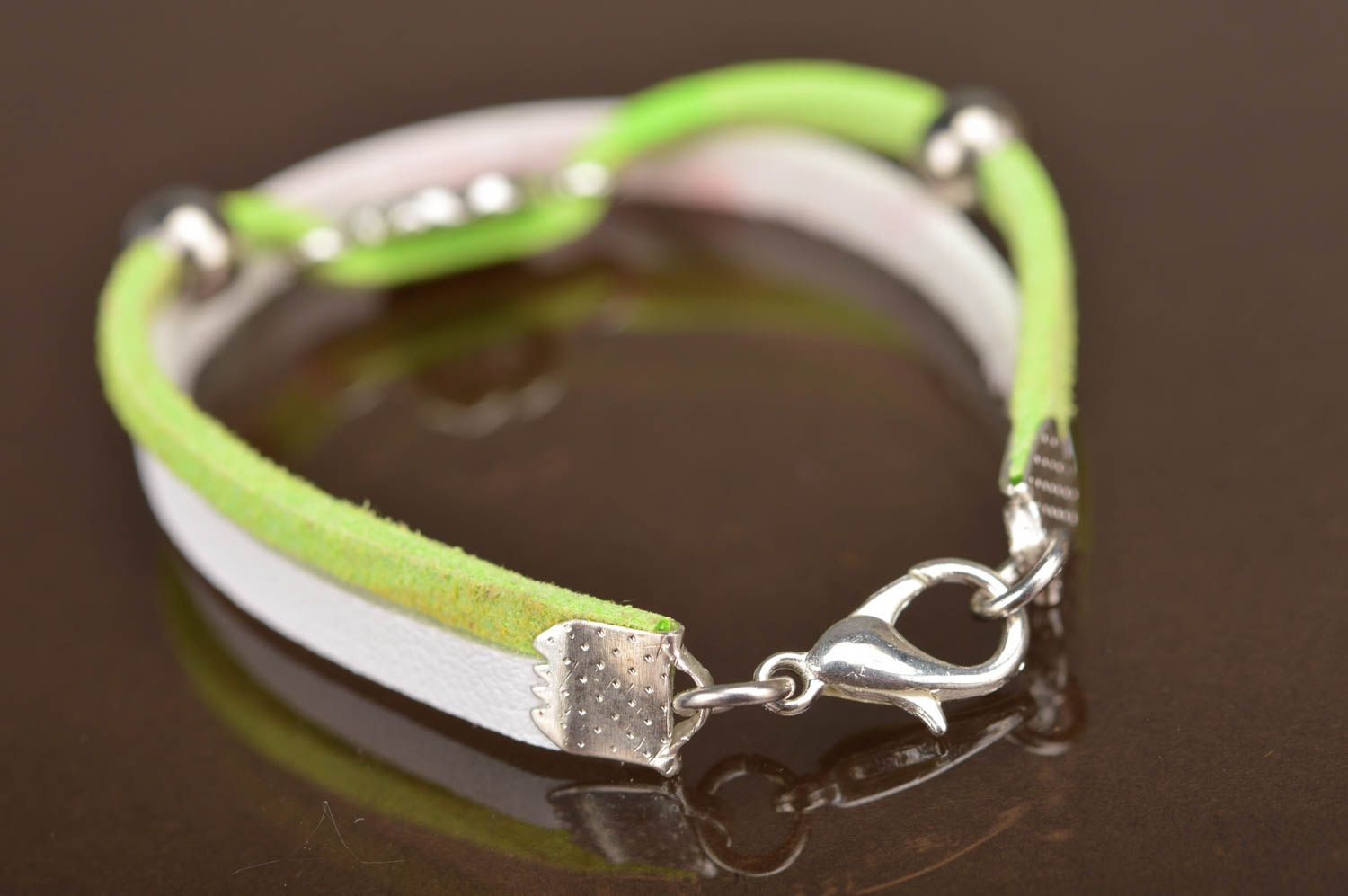 Children's handmade beautiful thin suede bracelet with charms green and white photo 4