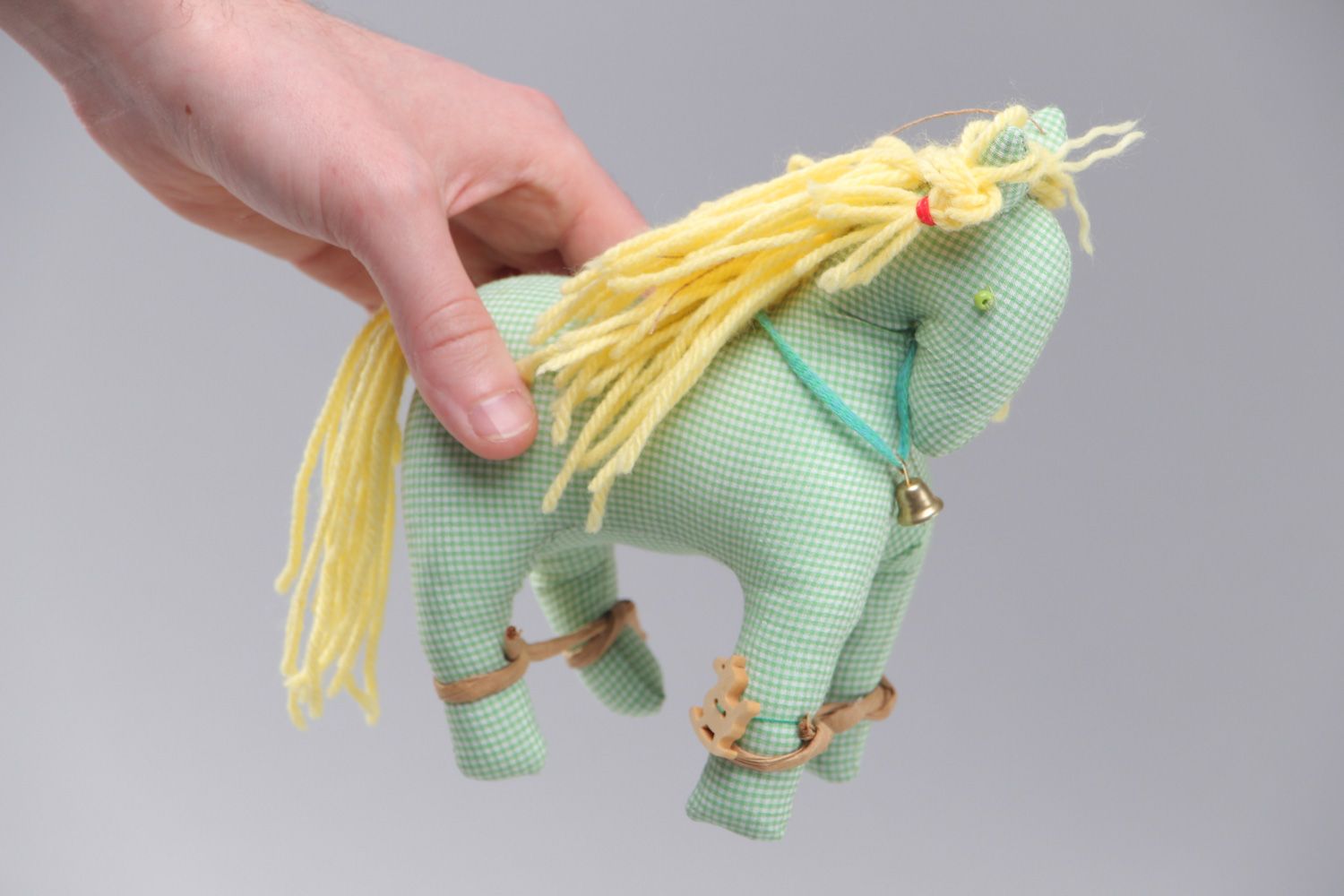 Handmade soft toy sewn of light green checkered cotton Horse with yellow mane photo 4