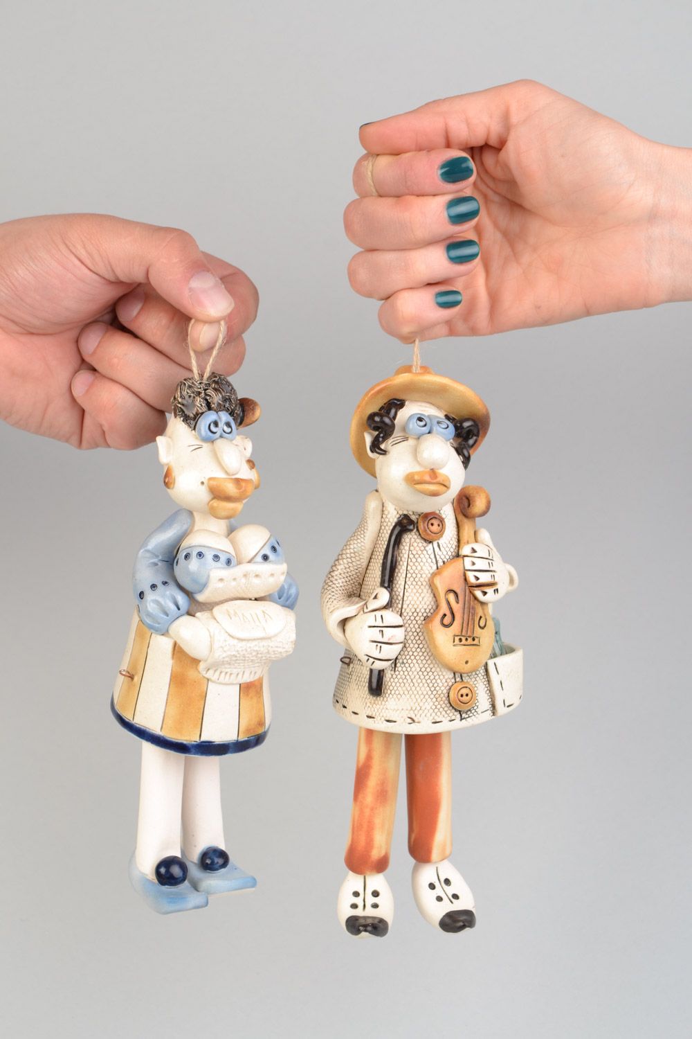 Set of 2 handmade decorative painted ceramic bells woman and man with violin photo 1