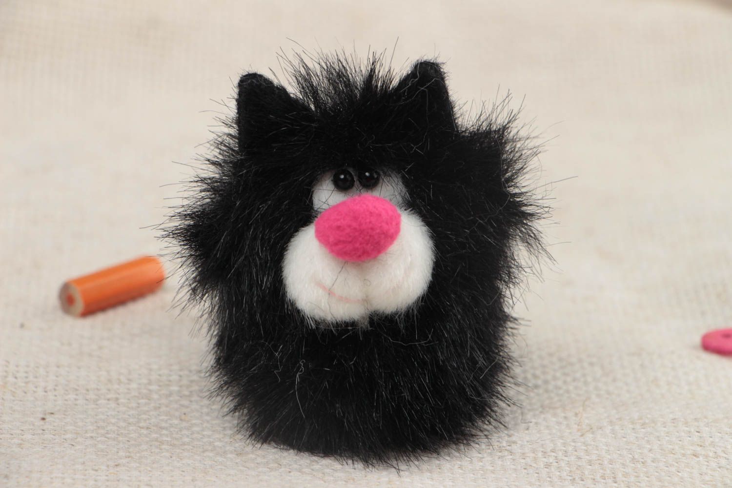 Handmade small faux fur soft toy animal finger puppet black cat with pink nose photo 1