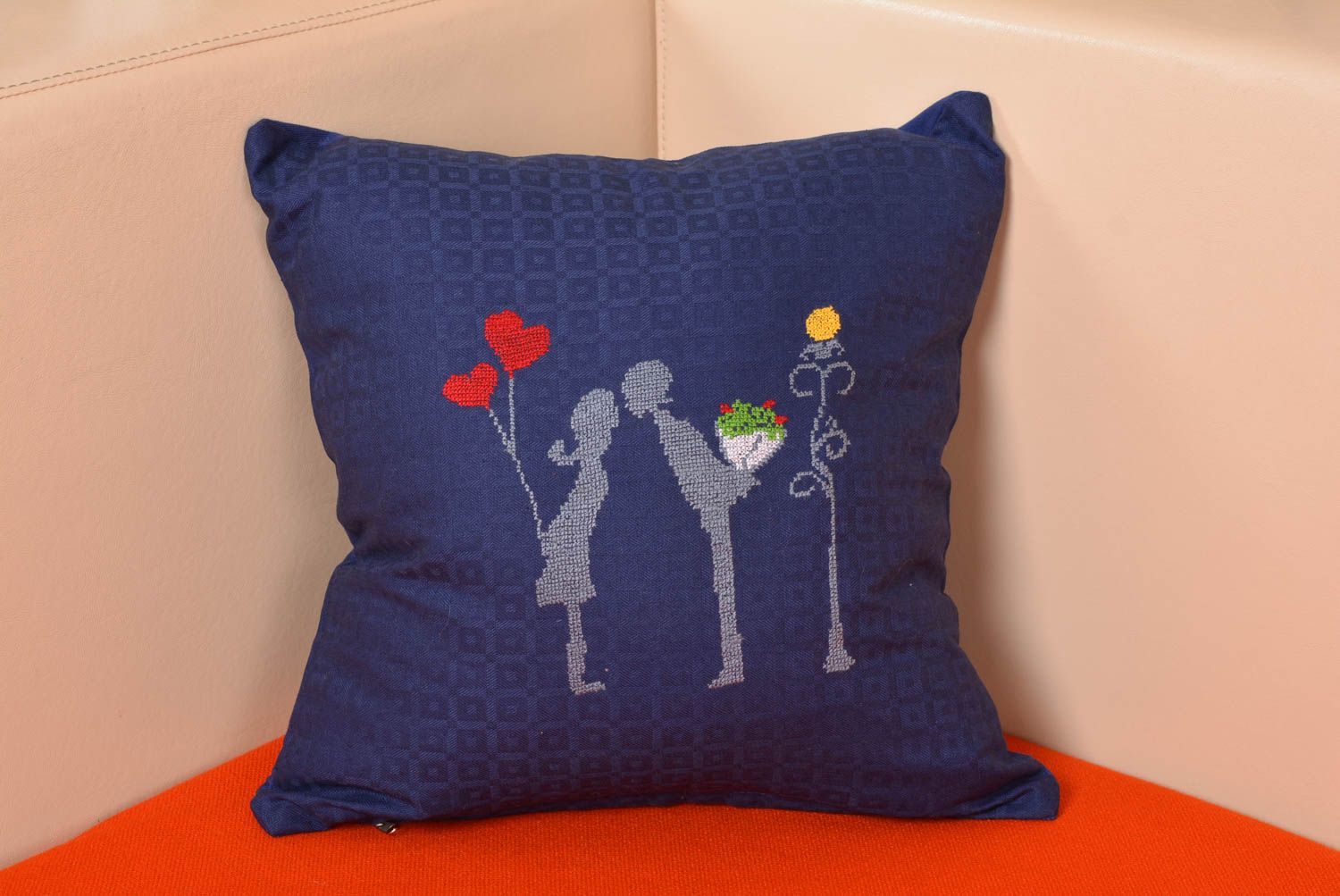 Handmade decorative blue satin fabric pillow case with embroidery couple in love photo 1