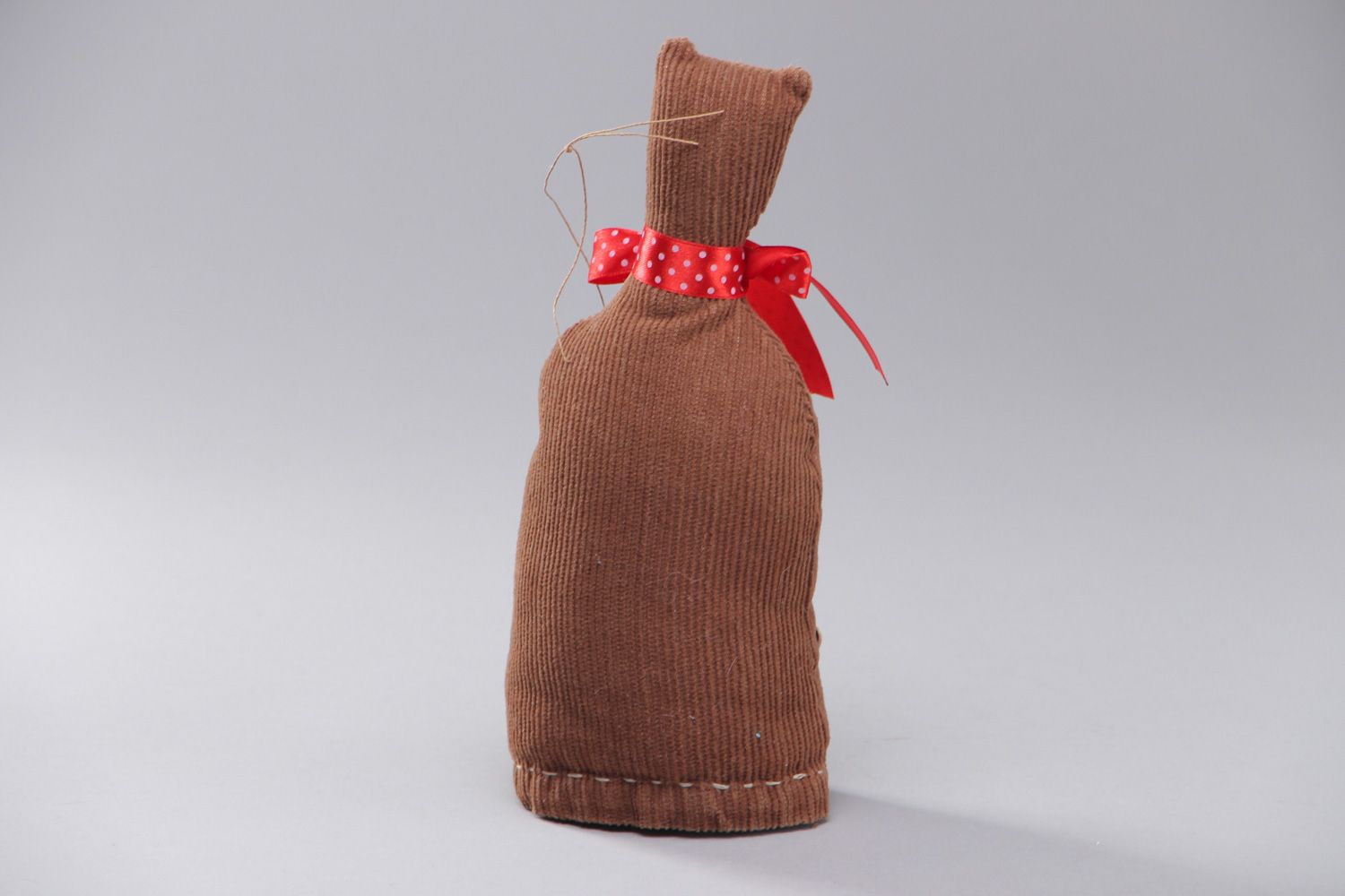 Small handmade soft toy sewn of velvet with eyelet Brown Cat with red bow photo 3